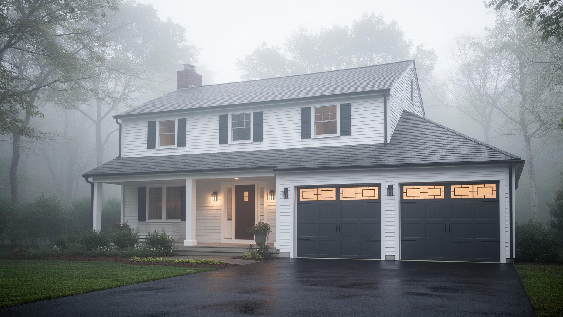 Modern residential garage door with geometric window patterns in Placida, Florida